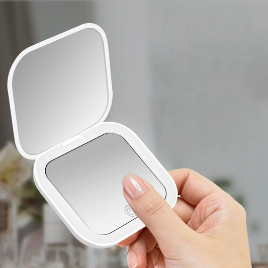 Compact LED Travel Makeup Mirror – 2X Magnifying, Foldable & Portable