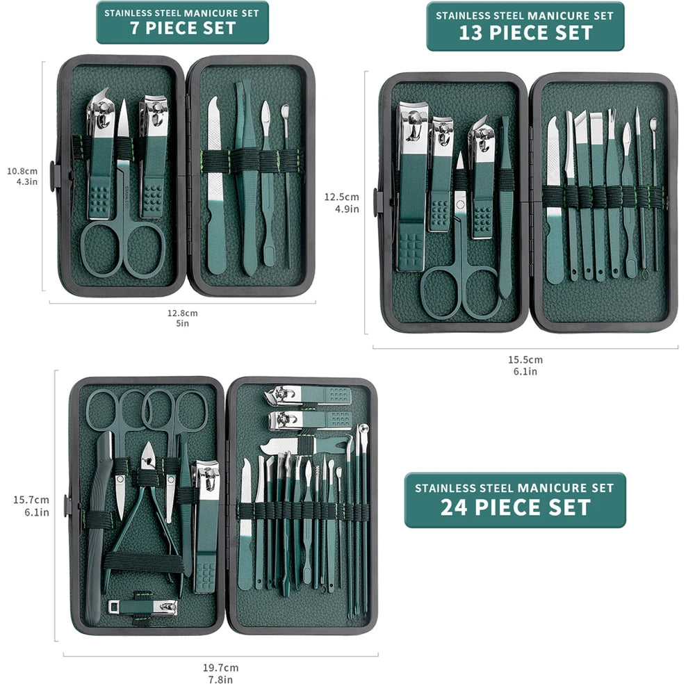 All-in-One Green Manicure & Pedicure Set – 7/13/24-Piece Stainless Steel Tools