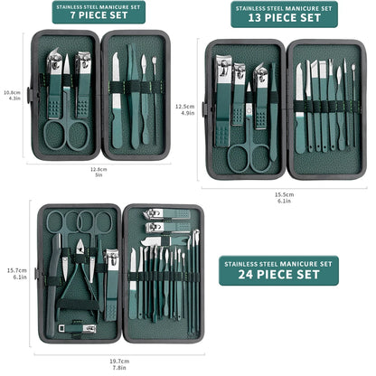 All-in-One Green Manicure & Pedicure Set – 7/13/24-Piece Stainless Steel Tools