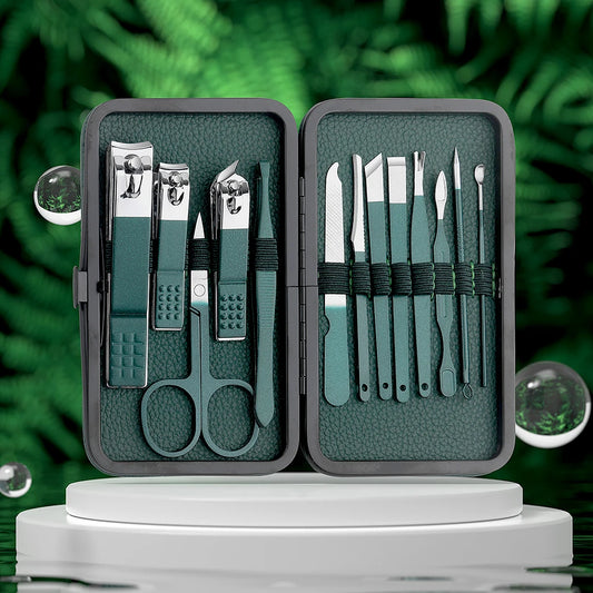All-in-One Green Manicure & Pedicure Set – 7/13/24-Piece Stainless Steel Tools