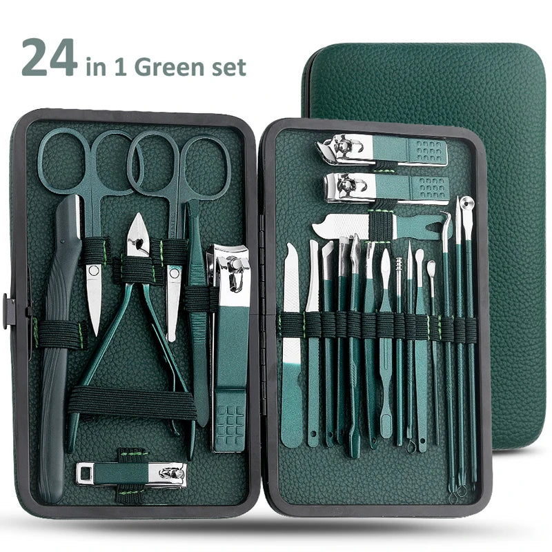 All-in-One Green Manicure & Pedicure Set – 7/13/24-Piece Stainless Steel Tools