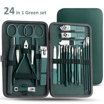 All-in-One Green Manicure & Pedicure Set – 7/13/24-Piece Stainless Steel Tools
