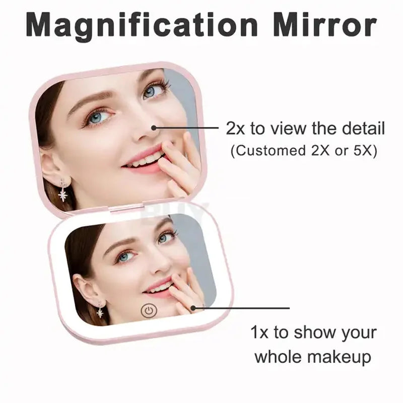 Compact LED Travel Makeup Mirror – 2X Magnifying, Foldable & Portable
