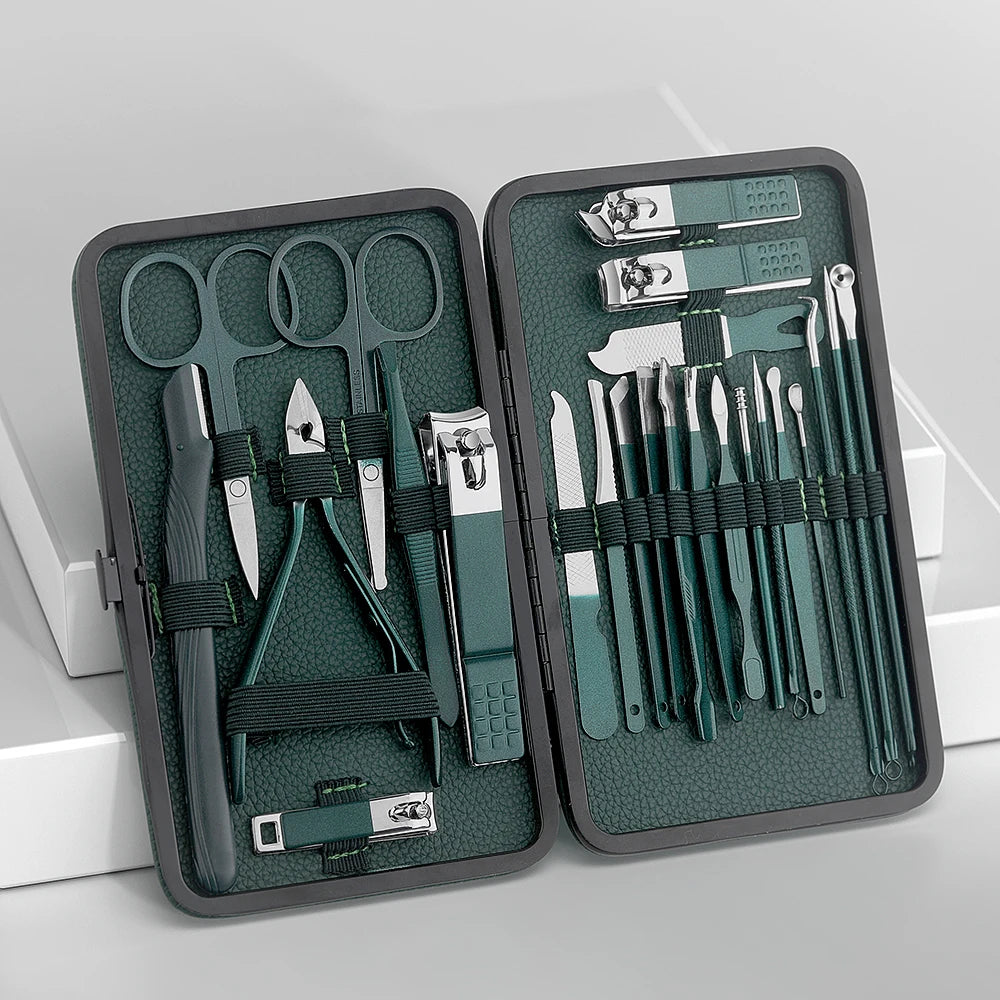 All-in-One Green Manicure & Pedicure Set – 7/13/24-Piece Stainless Steel Tools