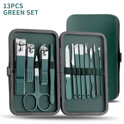 All-in-One Green Manicure & Pedicure Set – 7/13/24-Piece Stainless Steel Tools