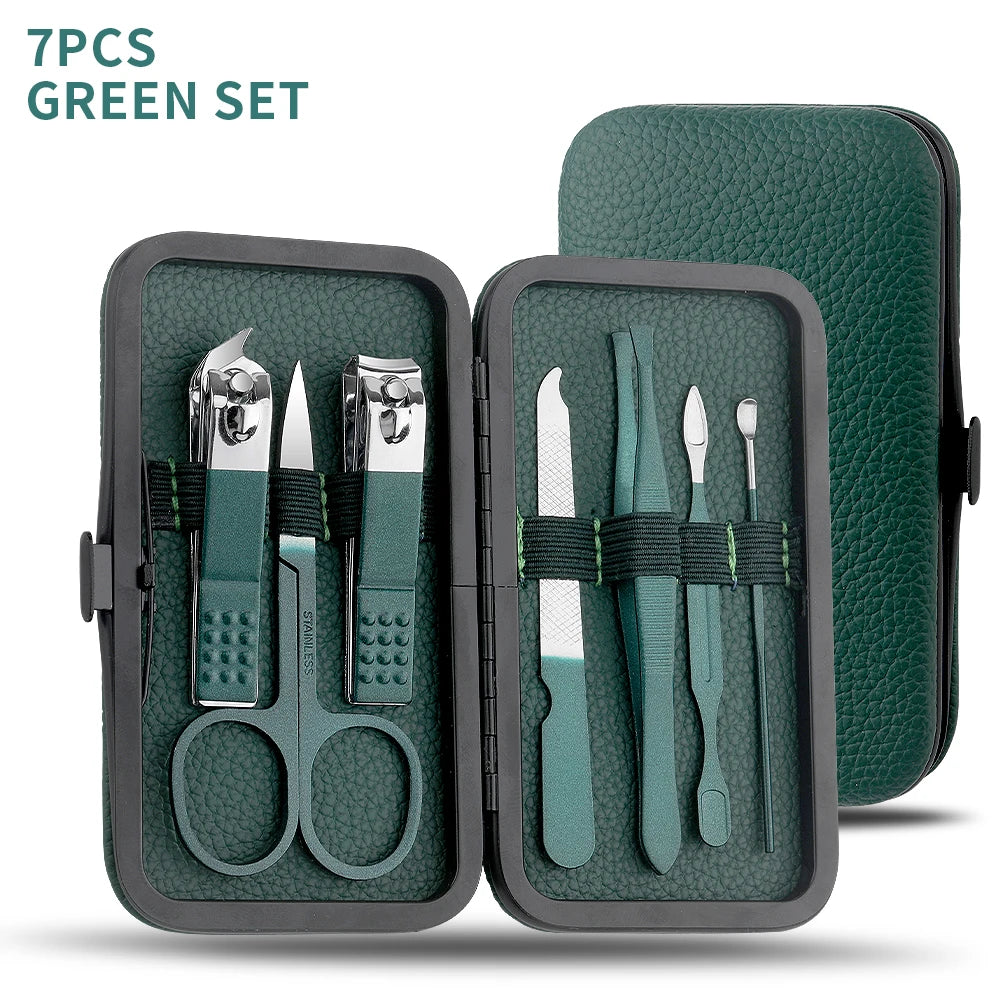 All-in-One Green Manicure & Pedicure Set – 7/13/24-Piece Stainless Steel Tools