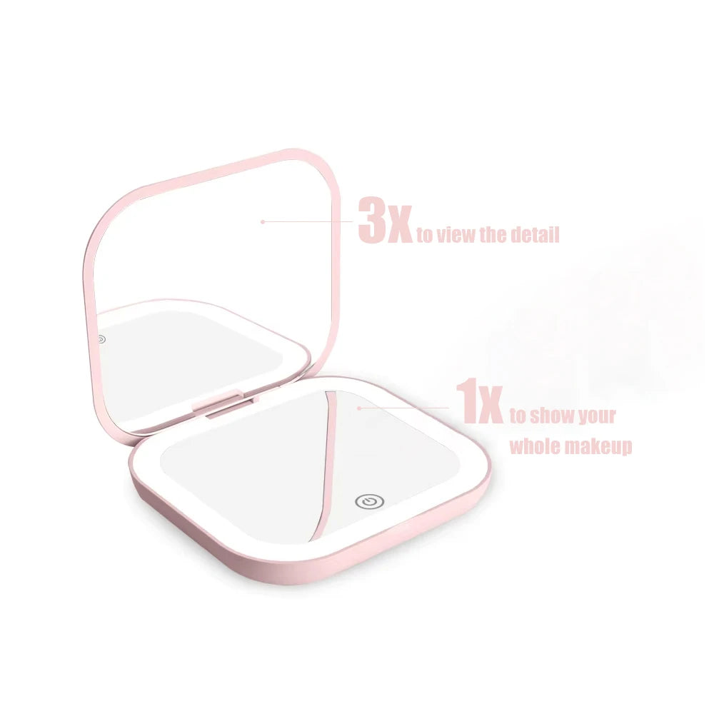 Compact LED Travel Makeup Mirror – 2X Magnifying, Foldable & Portable