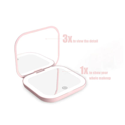 Compact LED Travel Makeup Mirror – 2X Magnifying, Foldable & Portable