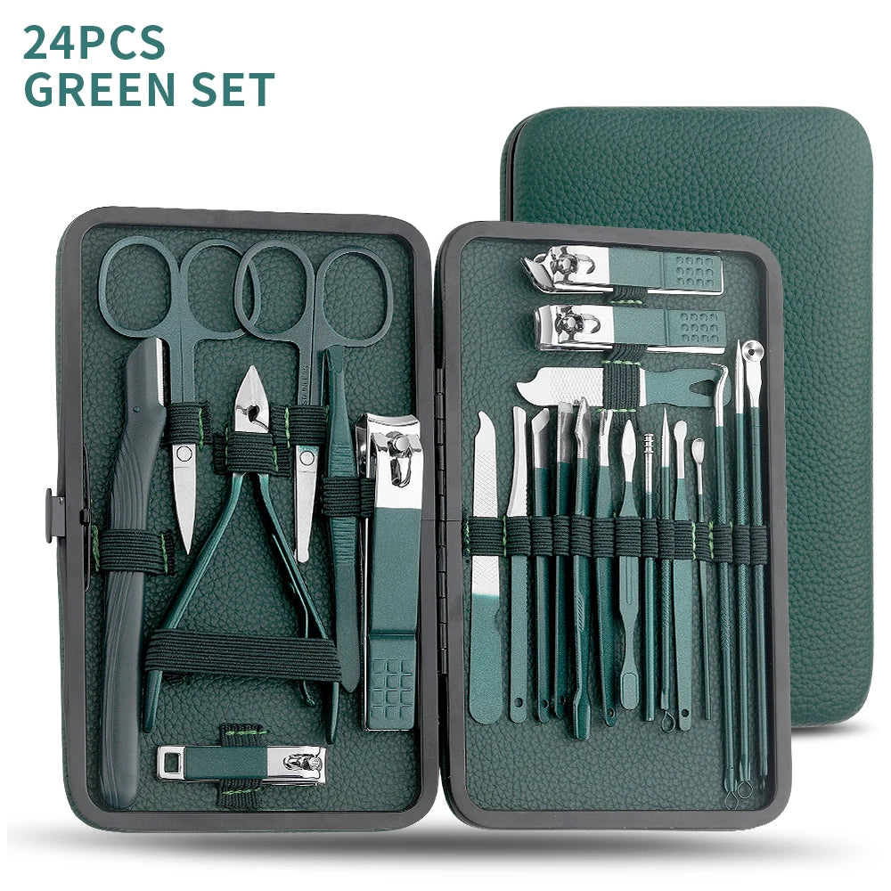 All-in-One Green Manicure & Pedicure Set – 7/13/24-Piece Stainless Steel Tools
