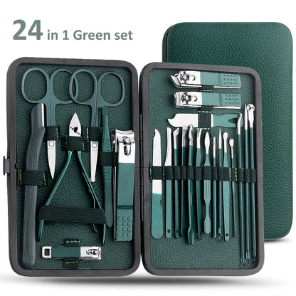 All-in-One Green Manicure & Pedicure Set – 7/13/24-Piece Stainless Steel Tools