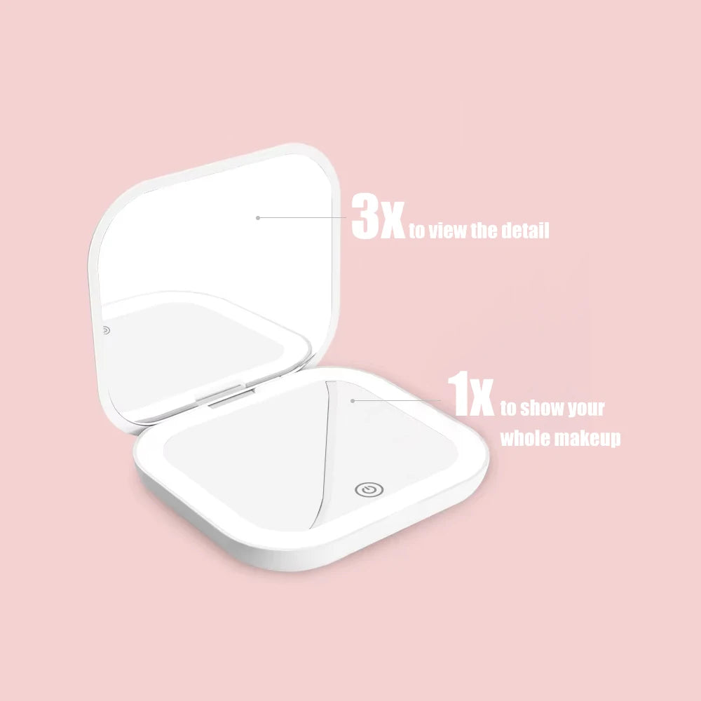 Compact LED Travel Makeup Mirror – 2X Magnifying, Foldable & Portable