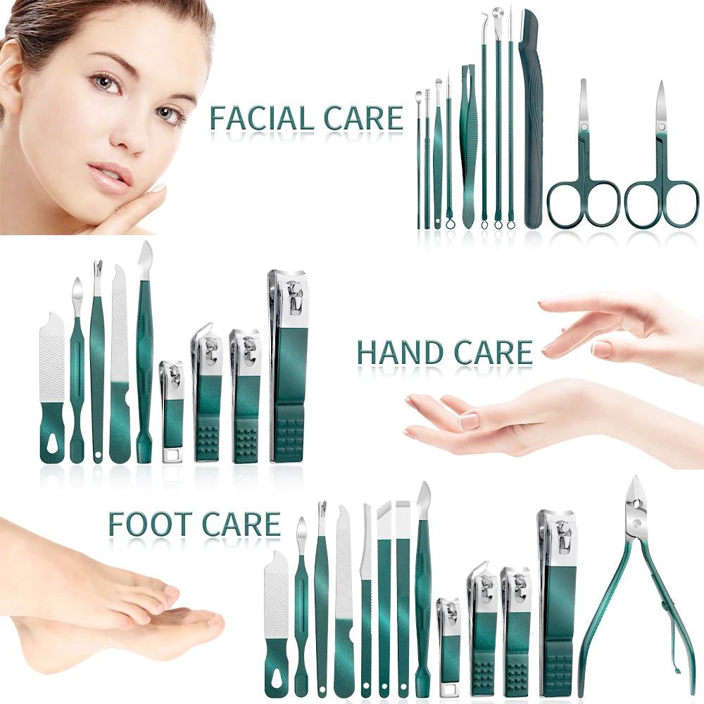 All-in-One Green Manicure & Pedicure Set – 7/13/24-Piece Stainless Steel Tools